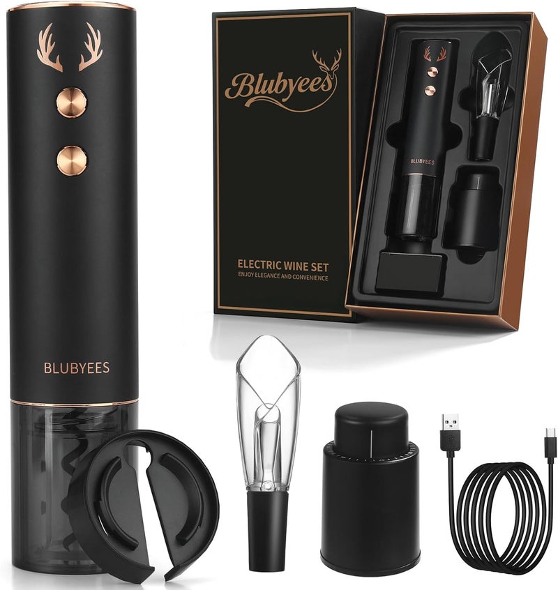 BLUBYEES 4-in-1 Rechargeable Electric Wine Opener Set - Automatic Corkscrew, Foil Cutter, Aerator Pourer, Vacuum Stopper - Wine Lovers Gifts for Women and Men - Image 1